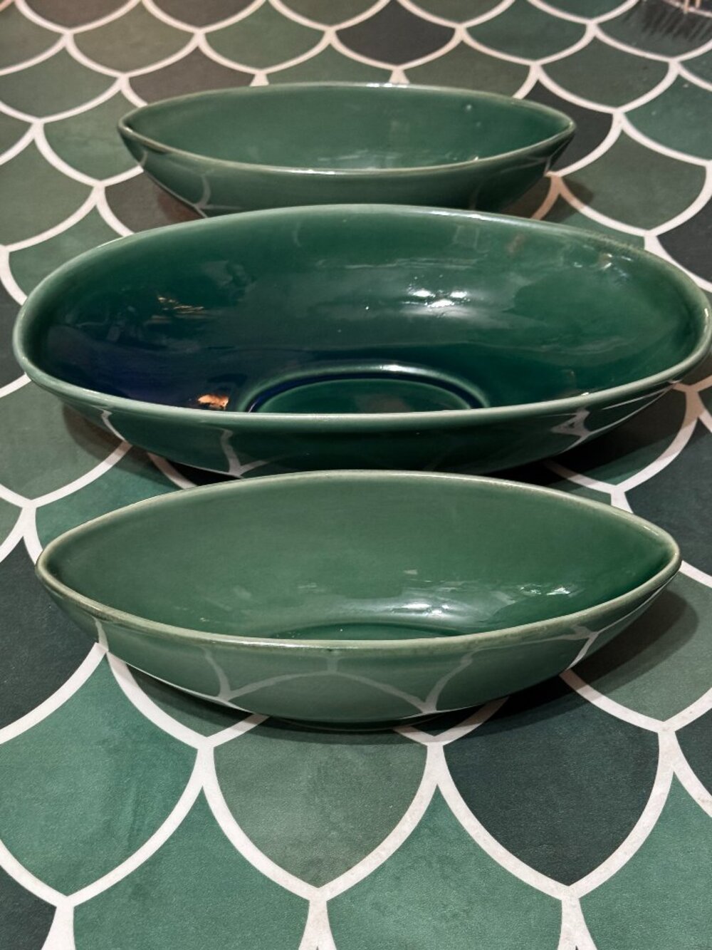 214 West 3-Piece Ceramic Stoneware Serving Bowl Set, Green, Circa 2005